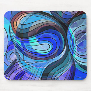 Royal Blue and Aqua Doodle With Black Lines Mouse Pad