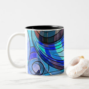 Royal Blue and Aqua Doodle With Black Lines Two-Tone Coffee Mug