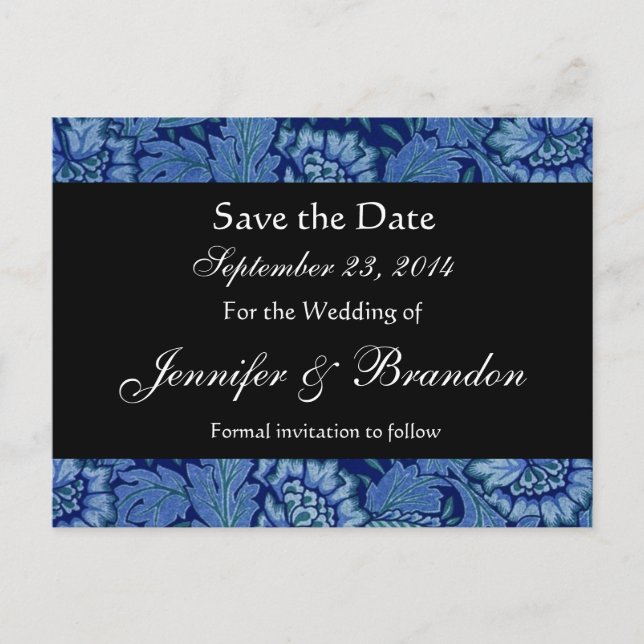 Royal Blue and Black Damask Save The Date Postcard (Front)