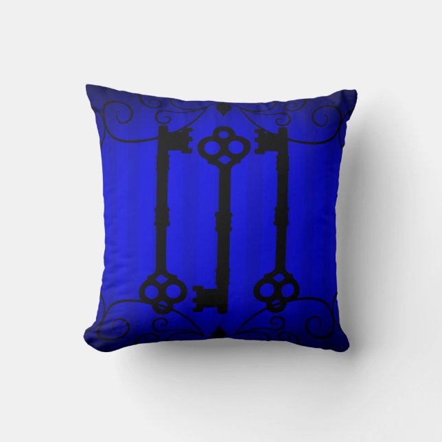 Royal blue and black elegant old keys and swirls cushion (Front)