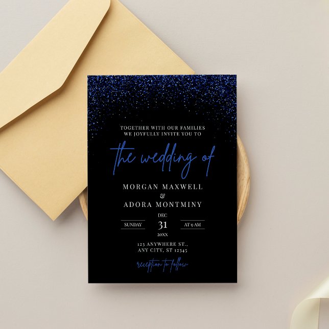 Royal Blue and Black Glitter Wedding Invitation (Creator Uploaded)
