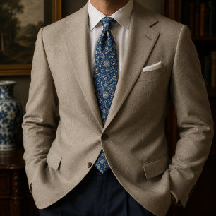 Royal Blue and Champagne Antique Botanical Tie