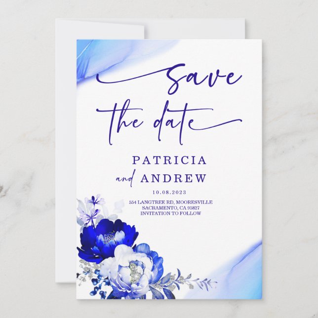 Royal Blue and Dusty Blue Roses  Save the Date Invitation (Front)