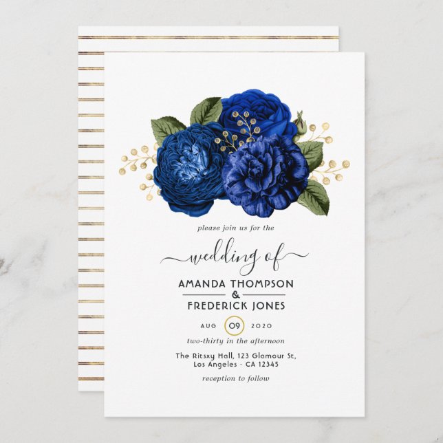 Royal Blue and Faux Foil Gold Floral Wedding Invitation (Front/Back)