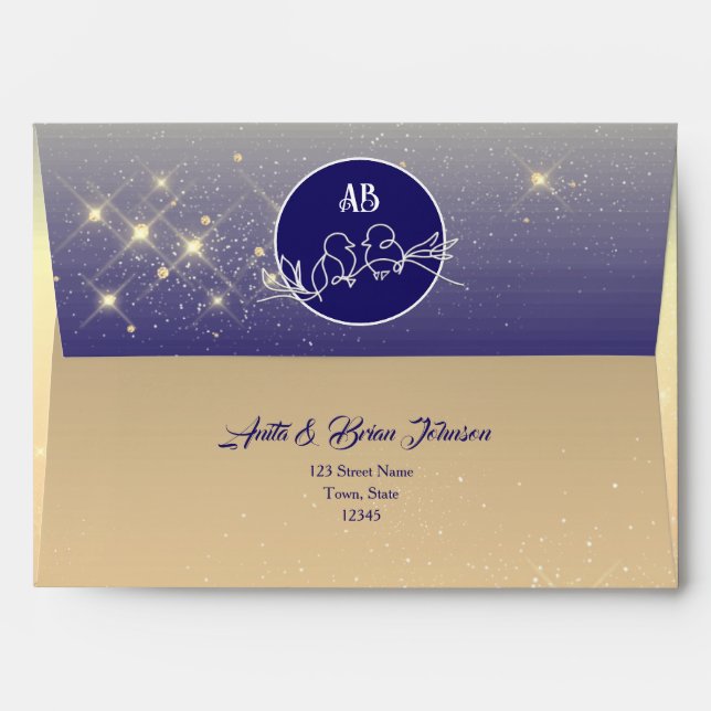 Royal Blue and Glitter Gold Celestial Wedding  Envelope (Back (Top Flap))