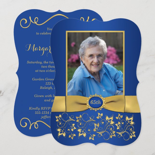 Royal Blue and Gold 65th Photo Birthday Invitation (Front/Back)