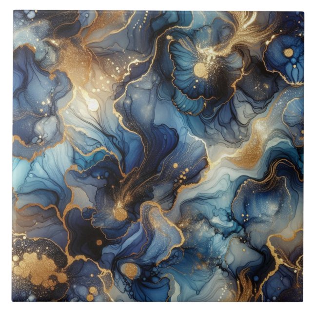 Royal Blue and Gold Alcohol Ink Ceramic Tile (Front)