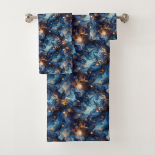 Royal Blue and Gold Alcohol Ink Marble Bath Towel Set