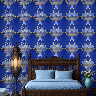 Royal Blue and Gold Arabesque Ornamental Pattern Wallpaper