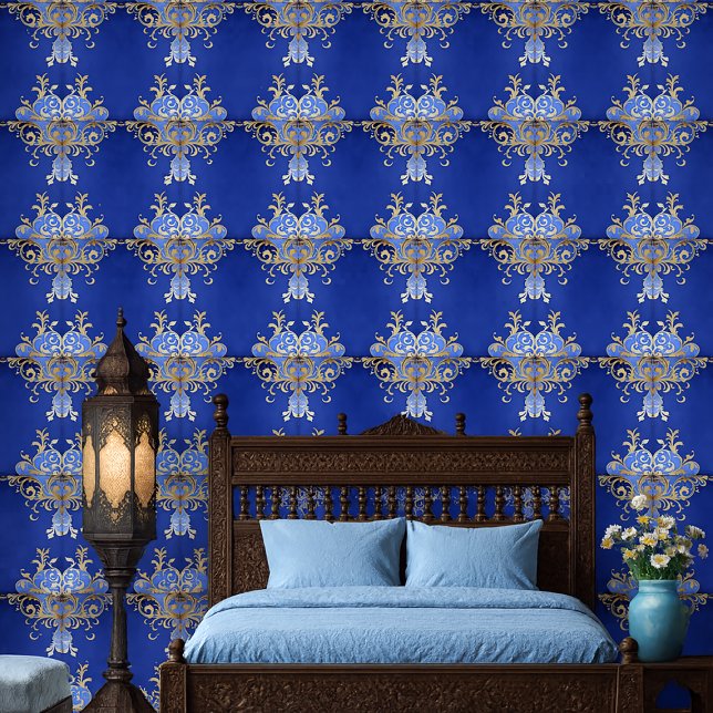 Royal Blue and Gold Arabesque Ornamental Pattern Wallpaper (Arabesque pattern wallpaper in royal blue and champagne gold, shown in Moroccan bedroom)