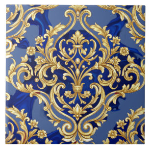 Royal Blue and Gold Baroque Damask Pattern Ceramic Tile