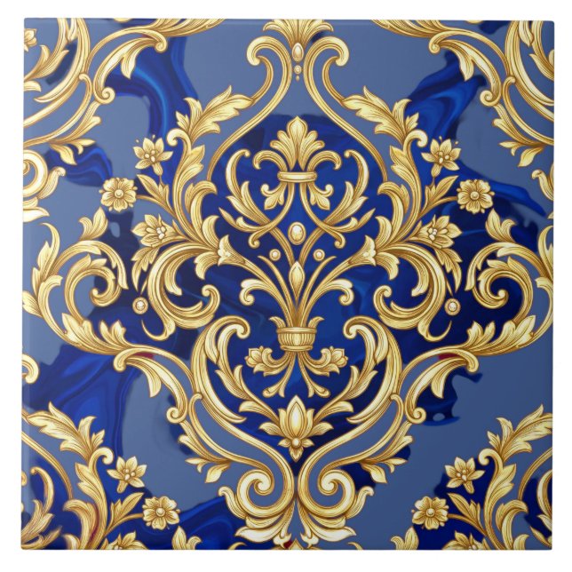 Royal Blue and Gold Baroque Damask Pattern  Ceramic Tile (Front)