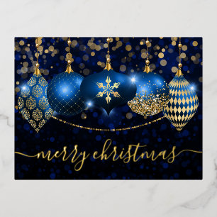 Royal Blue and Gold Baubles Christmas Foil Holiday Postcard