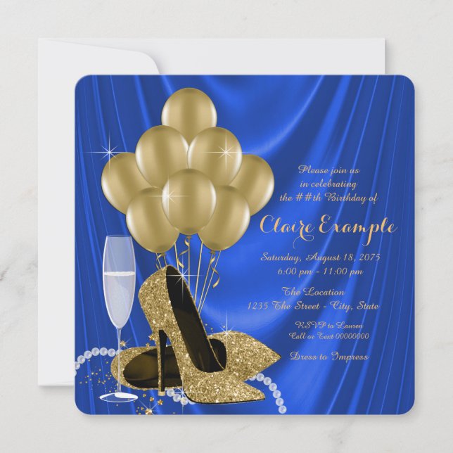 Royal Blue and Gold Birthday Party Glamourous Sati Invitation (Front)