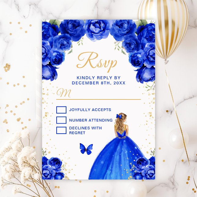 Royal Blue and Gold Blonde Hair Princess RSVP Card (Creator Uploaded)