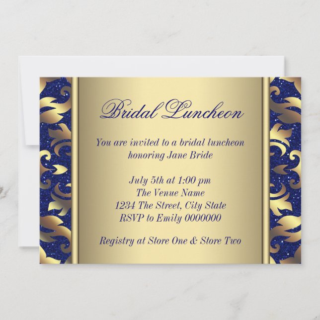 Royal Blue and Gold Bridal Luncheon Invitation (Front)