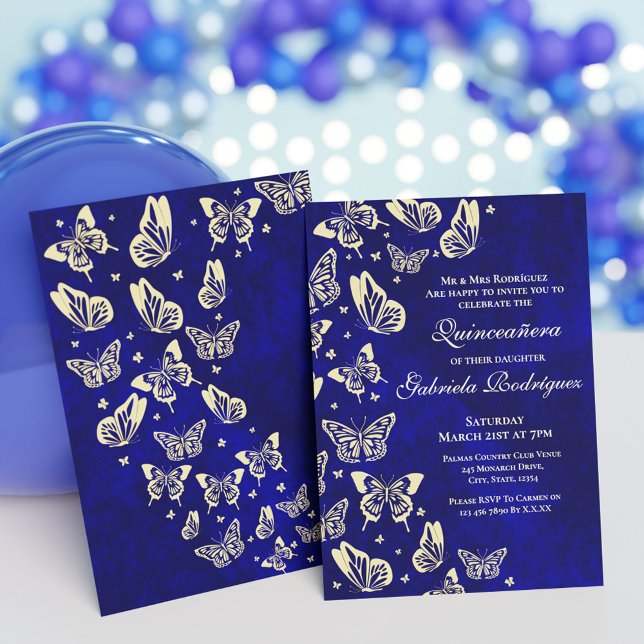 Royal Blue and Gold Butterfly 15th birthday Party Invitation (Royal Blue and Gold Butterfly 15th birthday Party Invitation)