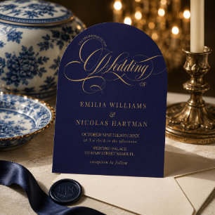 Royal Blue and Gold Calligraphy Wedding All In One Invitation