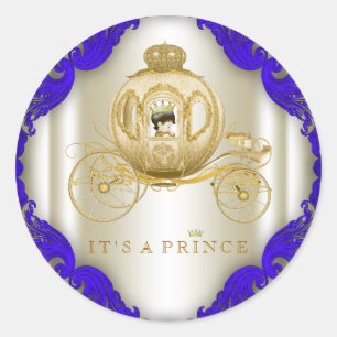Royal Blue and Gold Carriage Prince Baby Shower Classic Round Sticker