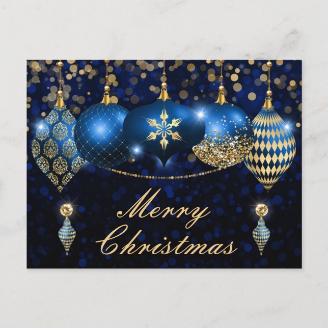 Royal Blue and Gold Christmas Baubles Holiday Postcard (Front)