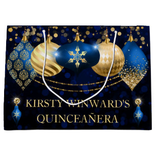 Royal Blue and Gold Christmas Baubles Quinceanera Large Gift Bag