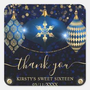 Royal Blue and Gold Christmas Baubles Sweet 16 Square Sticker