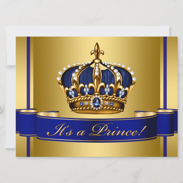 Royal Blue and Gold Crown Prince Baby Shower Invitation (Front)
