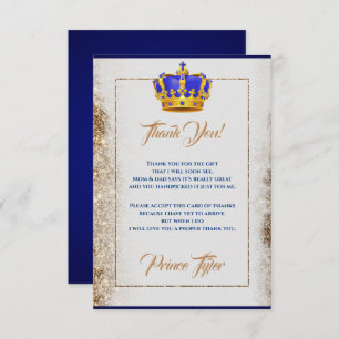 Royal Blue and Gold Crown Prince Baby Shower Thank You Card