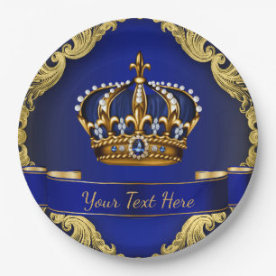 Royal Blue and Gold Crown Prince King Paper Plate