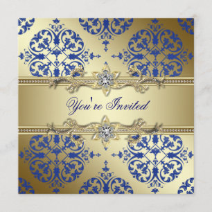 Royal Blue and Gold Damask Party Invitations