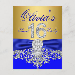 Royal Blue and Gold Diamond Sweet 16 Party Invitation