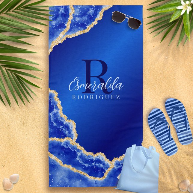 Royal Blue and Gold Elegant Agate Monogrammed Beach Towel (Creator Uploaded)