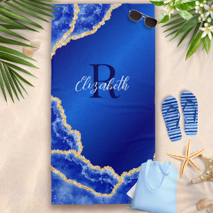 Royal Blue and Gold Elegant Marble Monogrammed Beach Towel