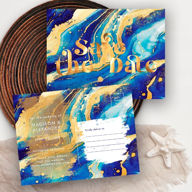 Royal Blue and Gold Elegant Wedding Save the Date Announcement Postcard (Creator Uploaded)