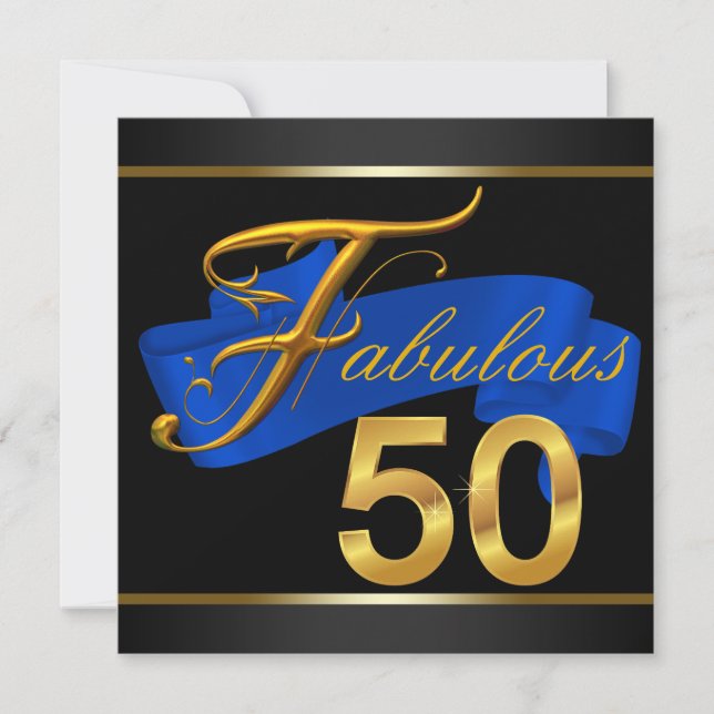 Royal Blue and Gold Fabulous 50th Birthday Party Invitation (Front)