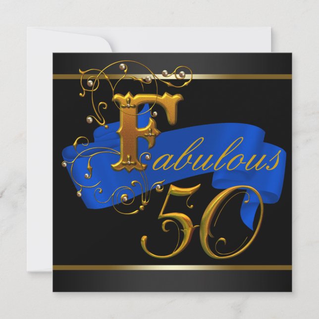 Royal Blue and Gold Fabulous 50th Birthday Party Invitation (Front)