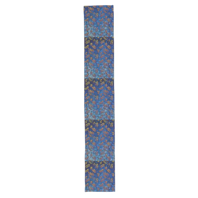 Royal blue and gold fall leaf pattern, modern,chic long table runner (Front)