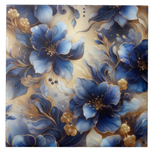 Royal Blue and Gold Floral Alcohol Ink Ceramic Tile