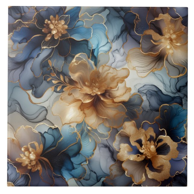 Royal Blue and Gold Floral Alcohol Ink Ceramic Tile (Front)
