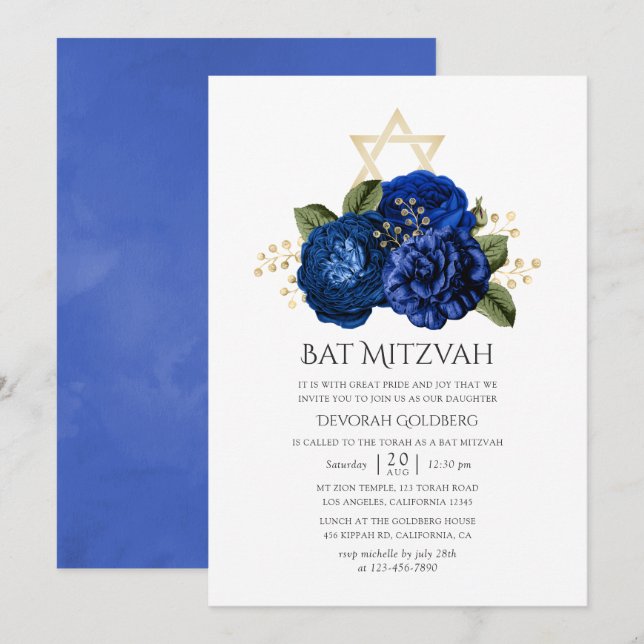 Royal Blue and Gold Floral Bat Mitzvah Invitation (Front/Back)