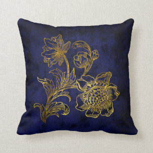 Royal Blue And Gold Floral Throw Pillow