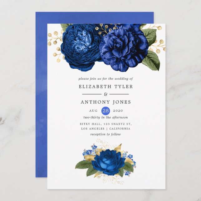 Royal Blue and Gold Floral Wedding Invitation (Front/Back)