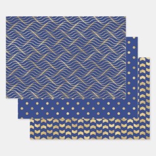 Royal Blue and Gold Geometric Patterns Elegant Wrapping Paper Sheet