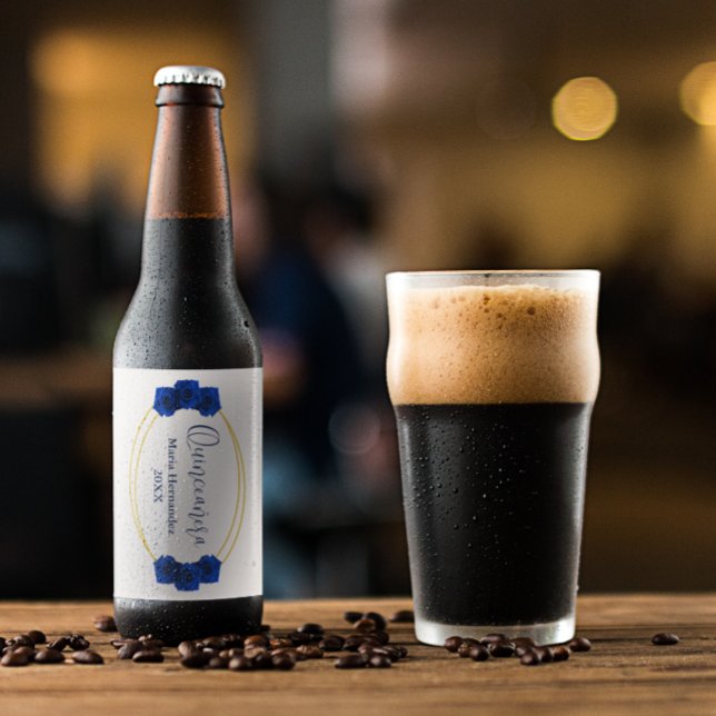 Royal Blue and Gold Geometric Quinceañera Beer Bottle Label (Creator Uploaded)