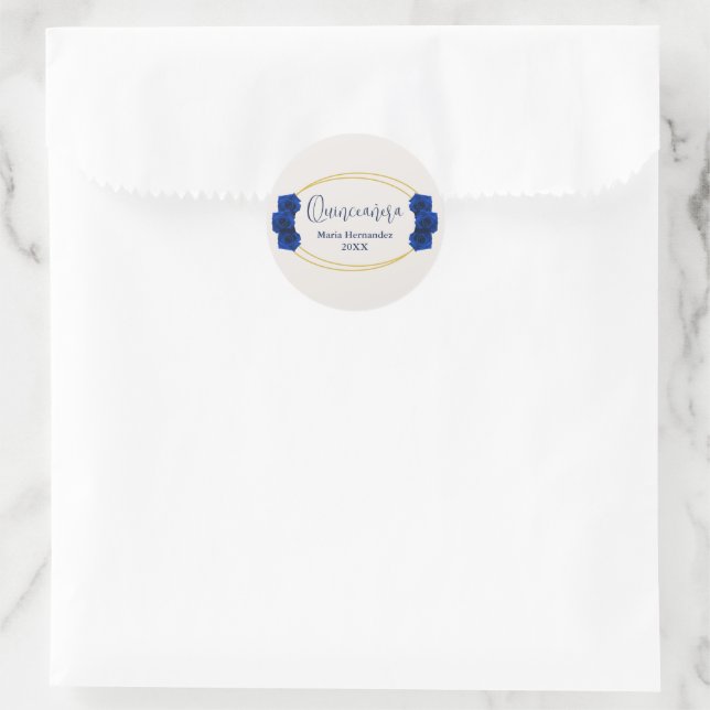 Royal Blue and Gold Geometric Quinceañera Classic Round Sticker (Bag)