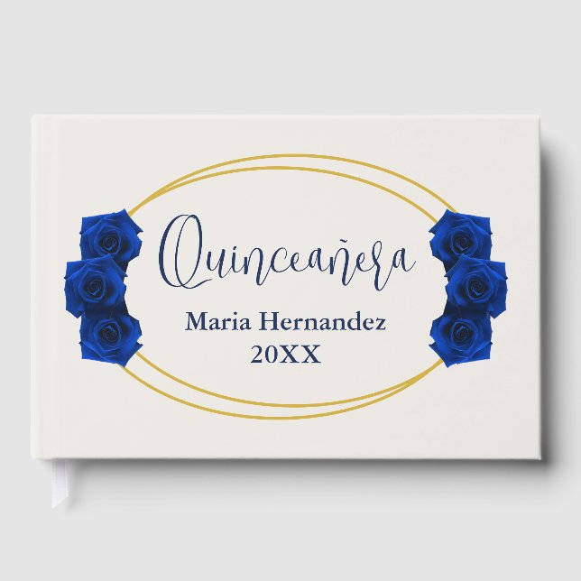 Royal Blue and Gold Geometric Quinceañera Guest Book (Front)