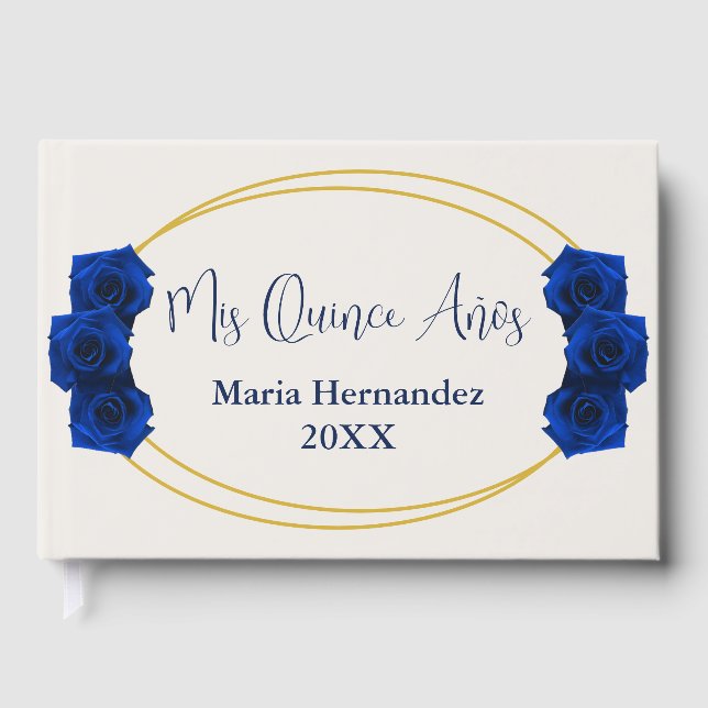 Royal Blue and Gold Geometric Quinceañera Guest Book (Front)