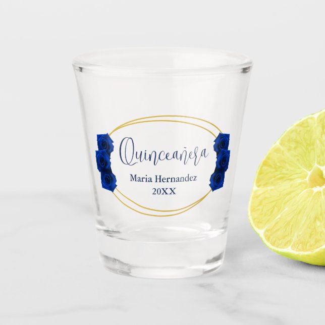 Royal Blue and Gold Geometric Quinceañera Shot Glass (Front)