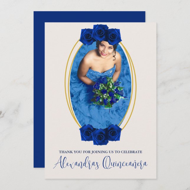 Royal Blue and Gold Geometric Quinceañera Thank You Card (Front/Back)