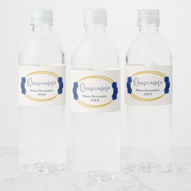 Royal Blue and Gold Geometric Quinceañera Water Bottle Label (Bottles)